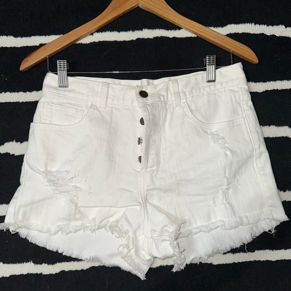 Chubbies Womens White Button Distressed White Denim Shorts Size 6